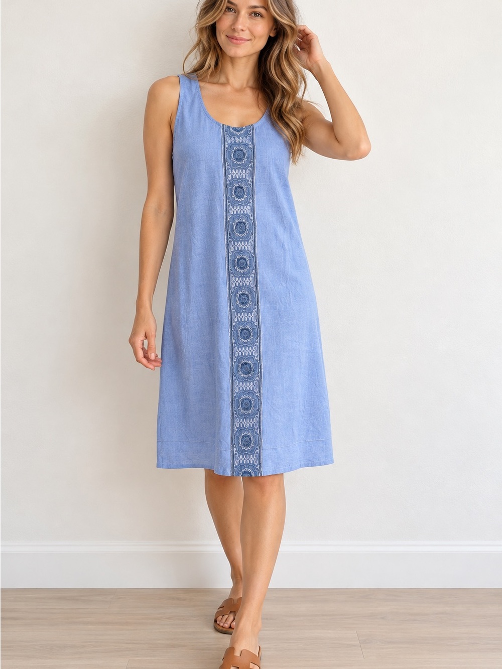 Tommy Bahama Blue Linen Blend Sleeveless Lace  Shift Dress Size L